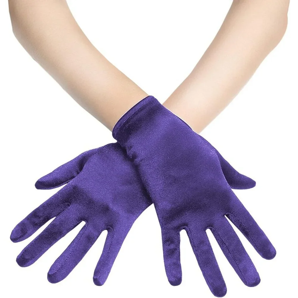 Women's Short Purple Satin Silk Gloves Banquet Wedding Party Costume Accessories